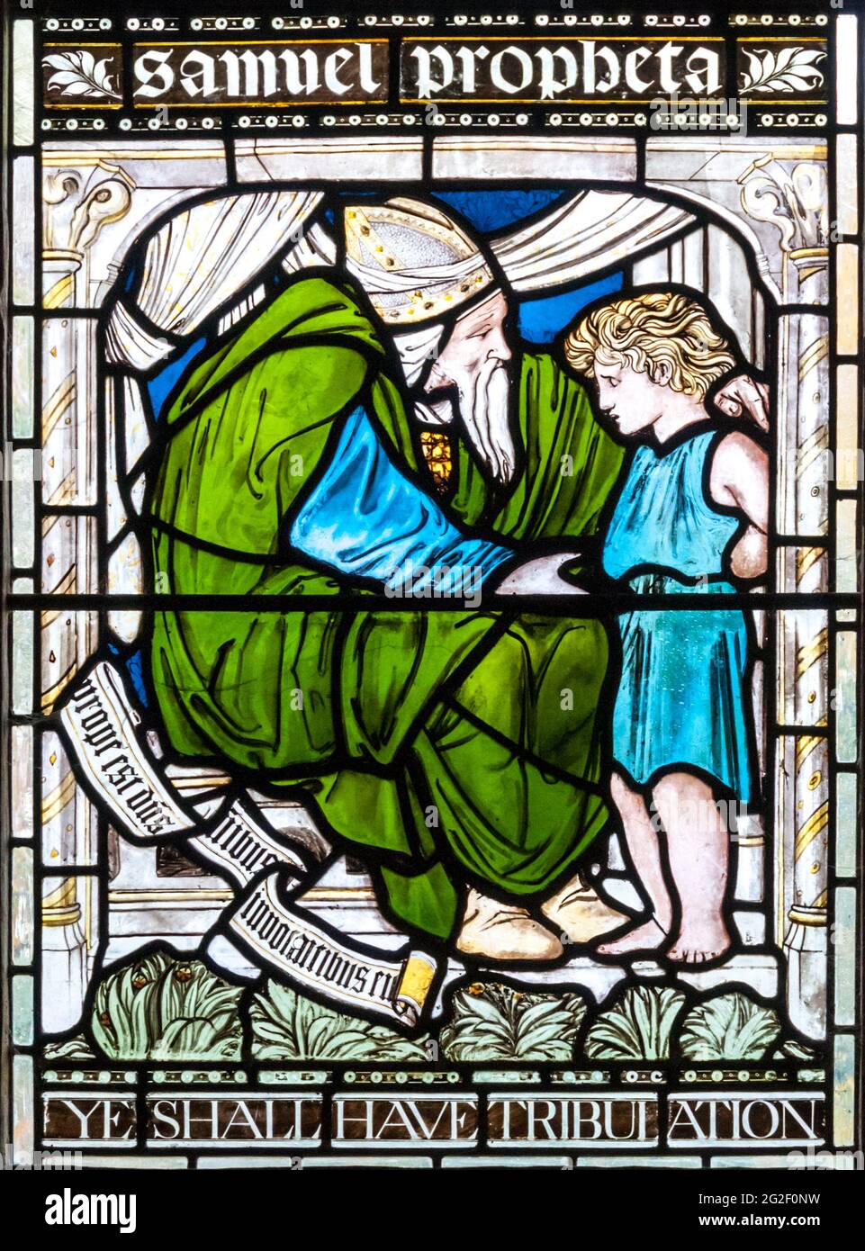 Dettaglio di Burne-Jones Vyner Memorial vetrate nella Lady Chapel of Christ Church Cathedral, Oxford. Mostra Samuel ed Eli. Foto Stock