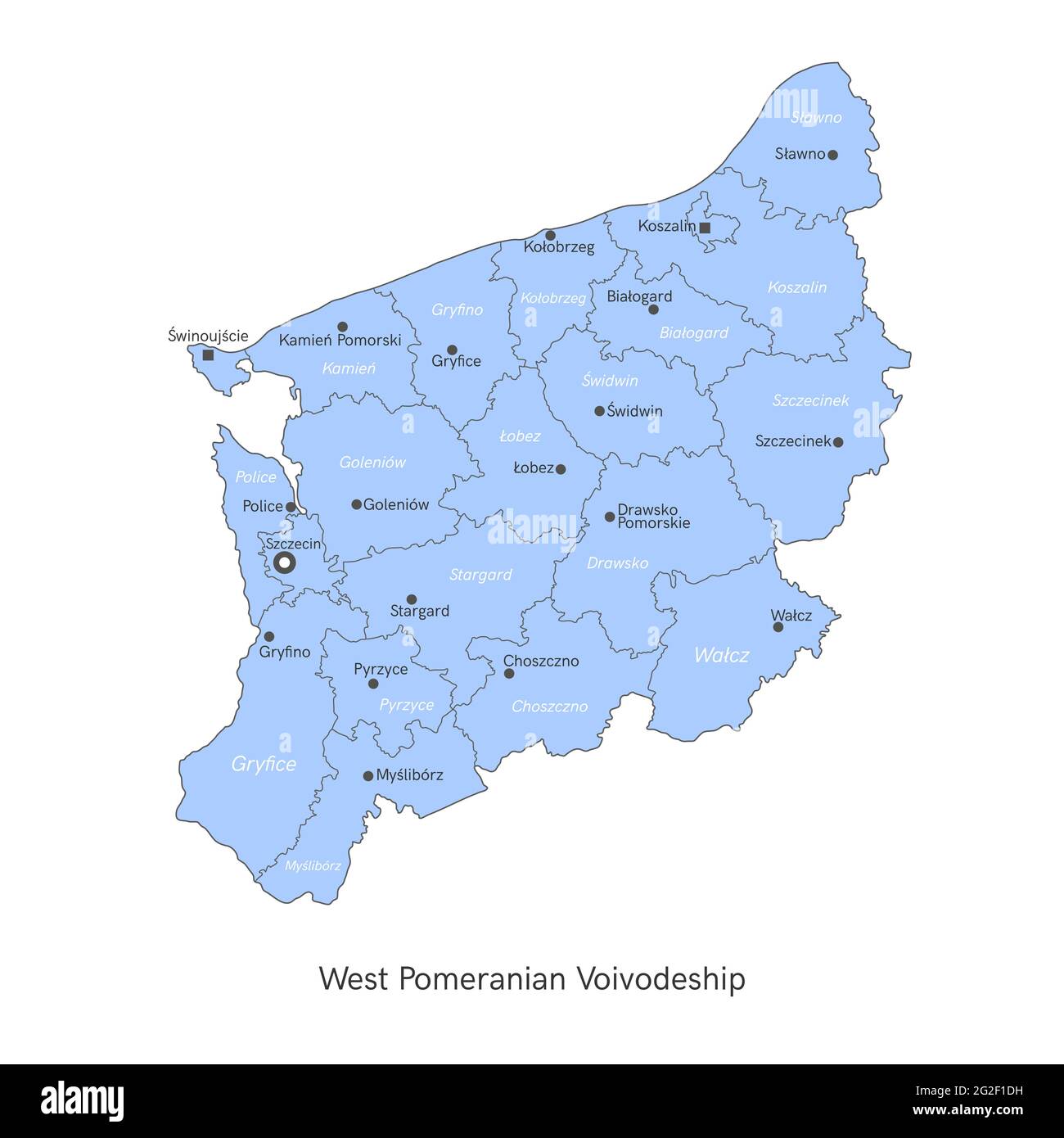 Illustrazione vettoriale: Mappa amministrativa della Polonia. Mappa della Voivodato della Pomerania occidentale Illustrazione Vettoriale