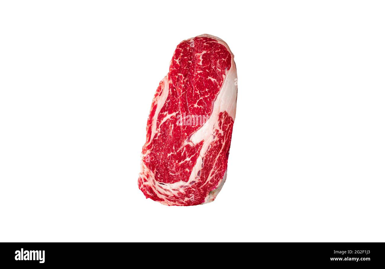 Bistecca di manzo Black angus prime su sfondo bianco con spazio per la copia. Foto Stock