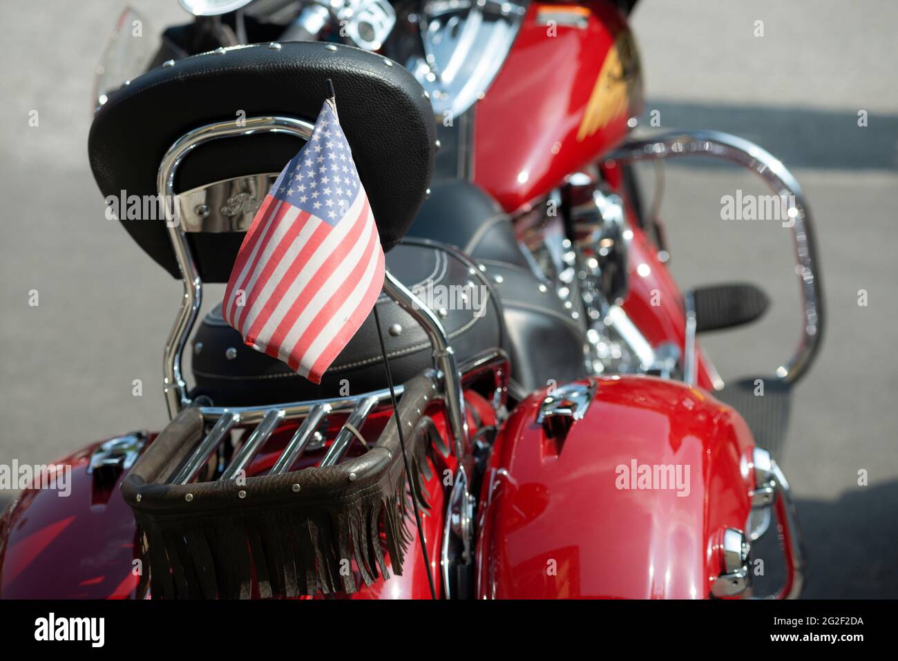 American Indian Motorcycle, la bandiera americana sul retro di una motocicletta Foto Stock