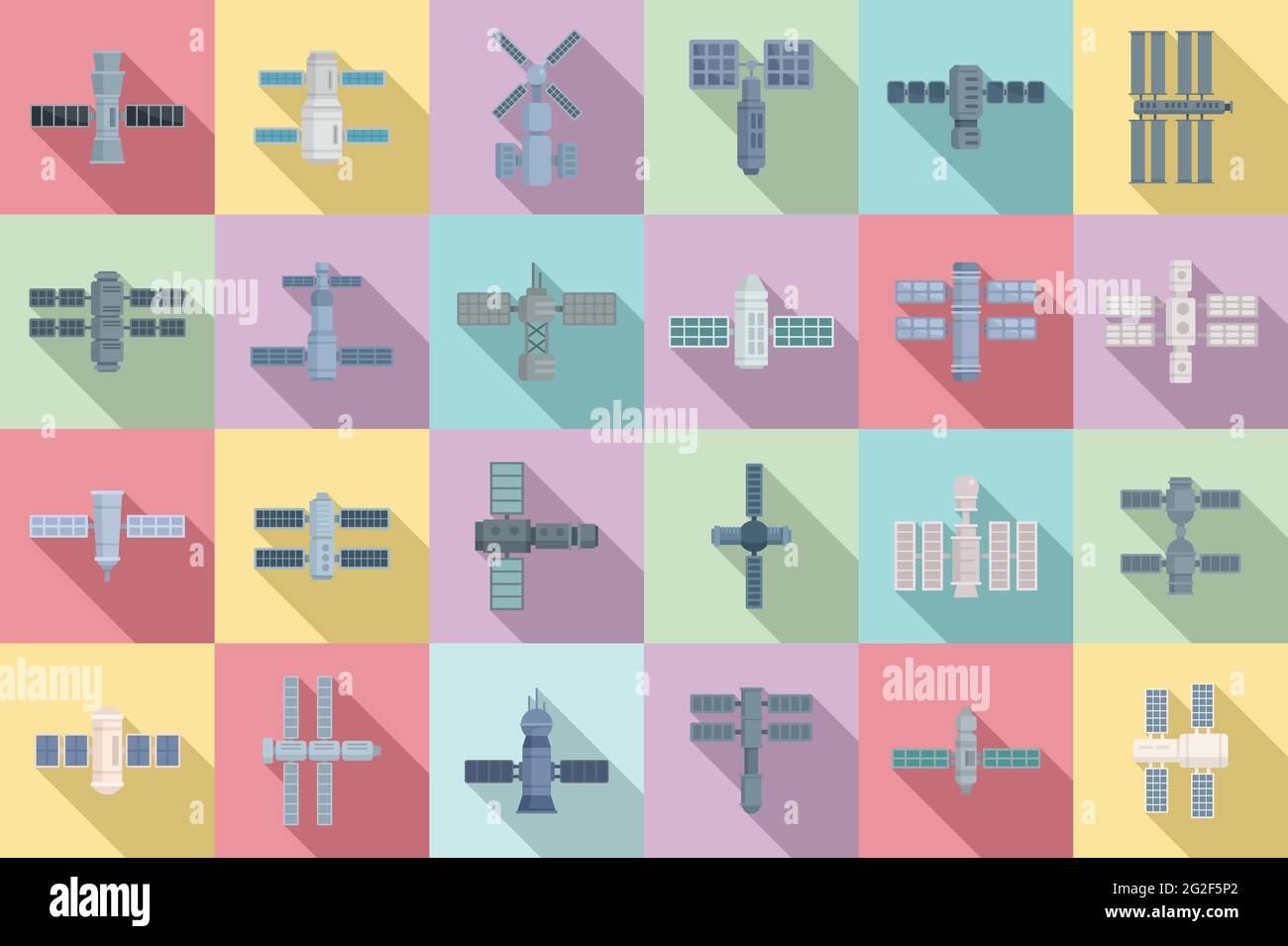 Set di icone di stazioni spaziali, stile piatto Illustrazione Vettoriale