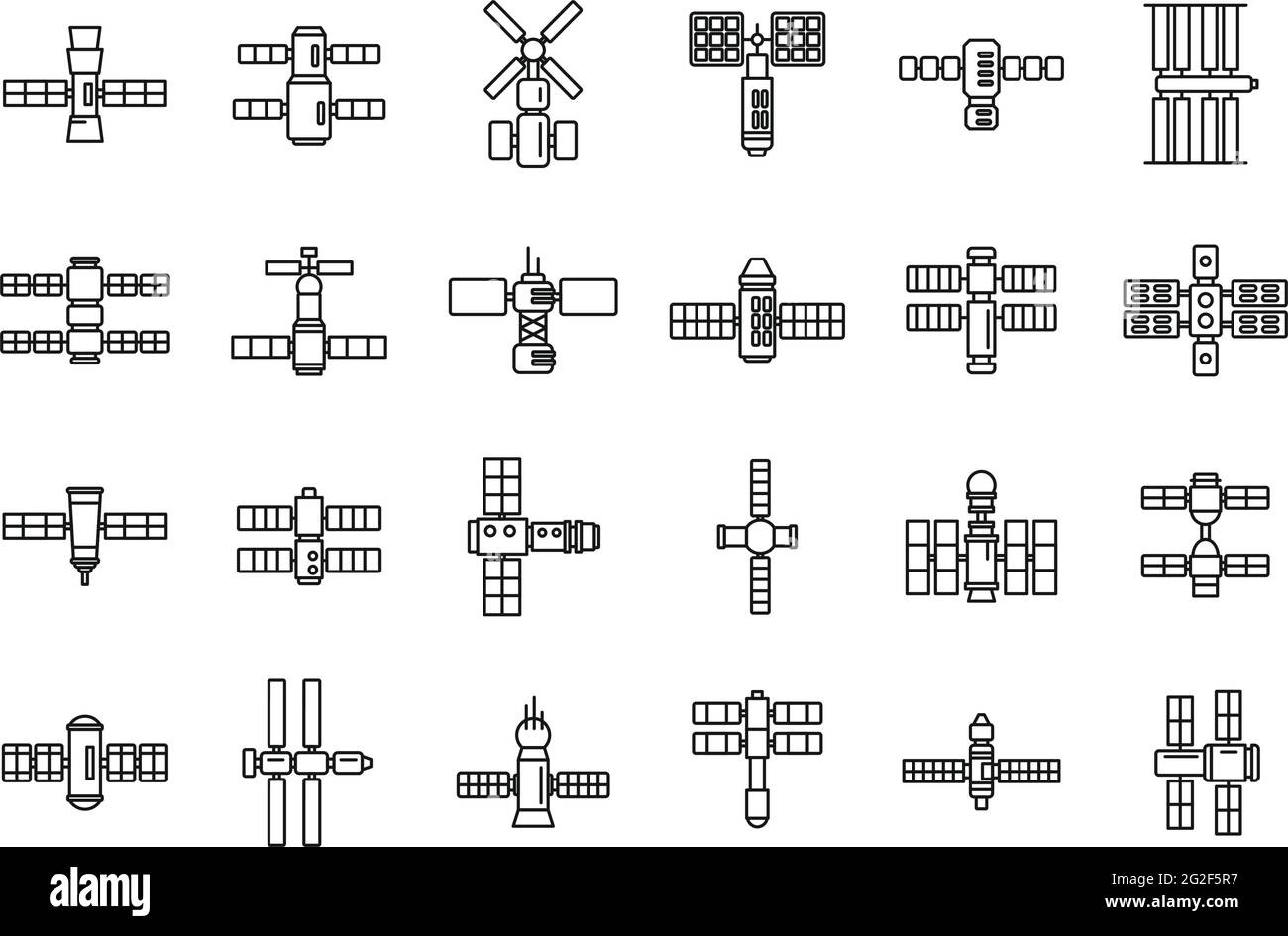 Set di icone del sistema della stazione spaziale, stile del contorno Illustrazione Vettoriale