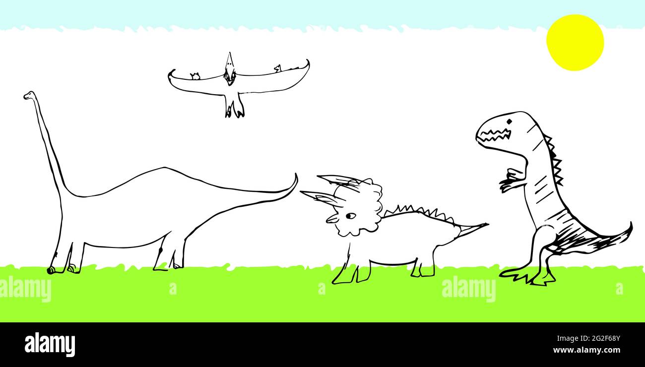 Set di dinosauri Pterodactil, tirannosaurus, triceratops, diplodocus sul prato sotto il sole. Illustrazione vettoriale per striscioni, poster, design Illustrazione Vettoriale