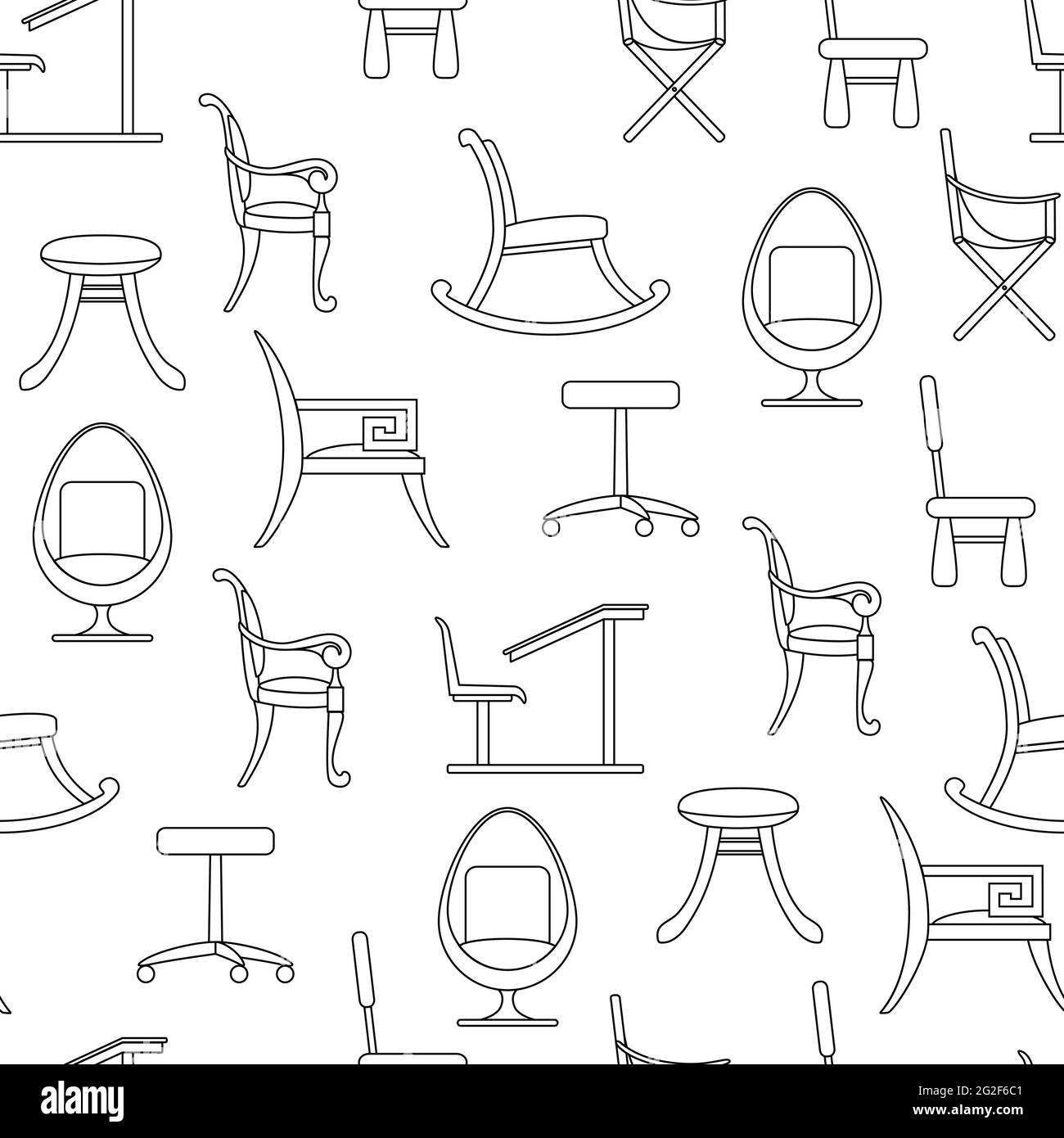 Sedie e poltrone motivo senza cuciture. Set di icone di linea Sedie. Contorno nero di elementi interni isolati su sfondo bianco. Computer, bambini, camma Illustrazione Vettoriale