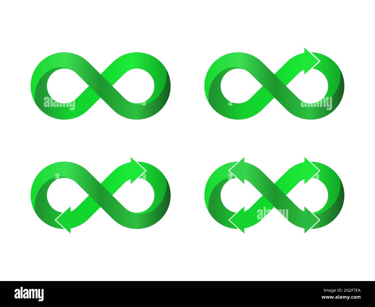 Set di icone di loop verde infinito. Gruppo di quattro segni infiniti con frecce. Concetto di riciclaggio e circolazione. Ridurre, riutilizzare, riciclare. Sostenibilità Illustrazione Vettoriale