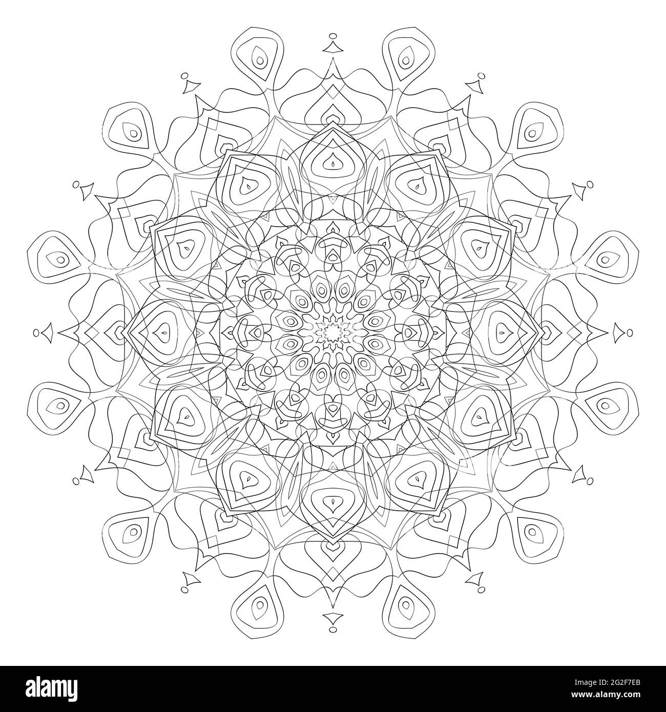 Contorno rotondo ornamento Mandala isolato su sfondo bianco. Motivo circolare orientale per tatuaggio, decorazione di nozze, hennè mehndi, libro da colorare pag Illustrazione Vettoriale