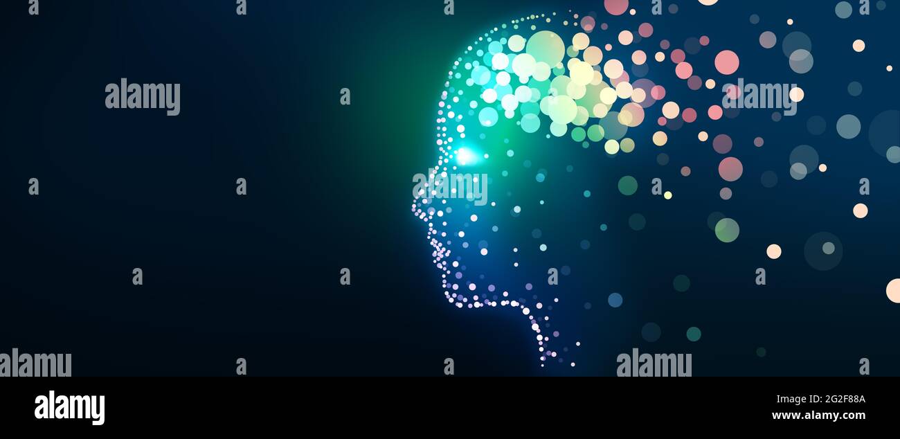 Testa umana con una rete cerebrale luminosa. Cervello digitale, informazioni sull'analisi, Cyber Mind, apprendimento profondo e automatico, coscienza, ai. Foto Stock