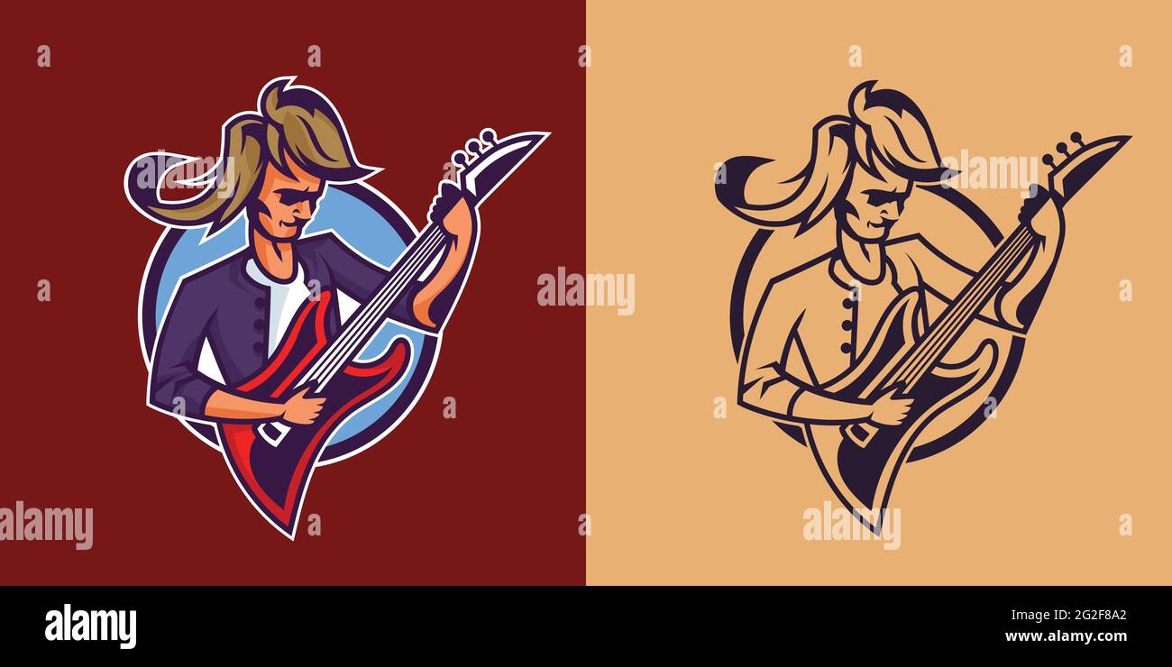 Rocker che suona la chitarra in stili diversi. Arte concettuale della musica rock. Illustrazione Vettoriale