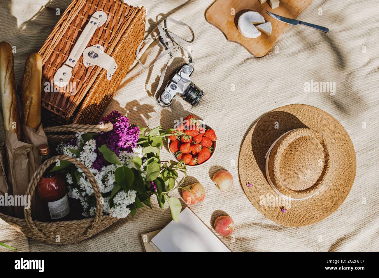 Picnic estivo con cibo e bevande in cesto di vimini, libro e cappello di paglia femminile. Foto Stock