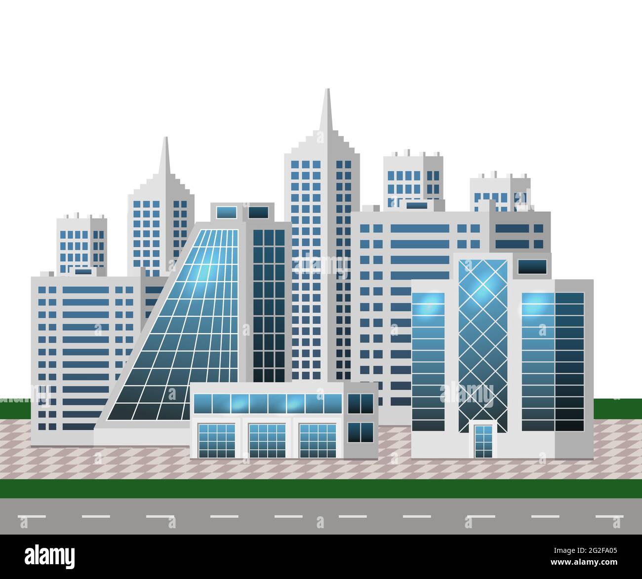 Paesaggio urbano con grandi edifici moderni. Città intelligente, business center, uffici, case grattacieli. Per sfondo urbano, Concept o metropol Illustrazione Vettoriale