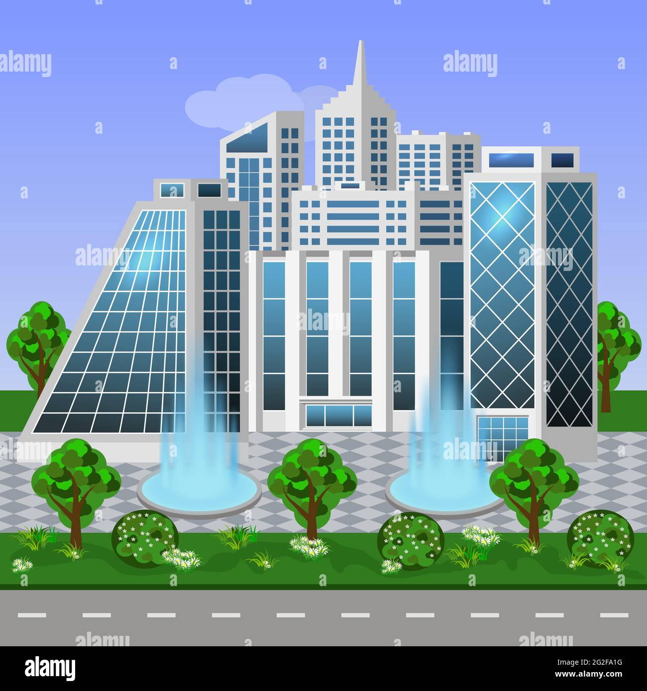 Eco città paesaggio urbano. Edifici moderni, alberi verdi e cespugli, fontane. Paesaggio urbano con grandi case, uffici, strada. Vettore piatto Illustrazione Vettoriale