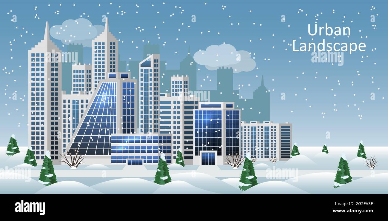 Paesaggio urbano invernale. Centro commerciale, uffici, grandi case e grattacieli. Natale, neve, strada. Moderno paesaggio urbano sfondo in fl Illustrazione Vettoriale