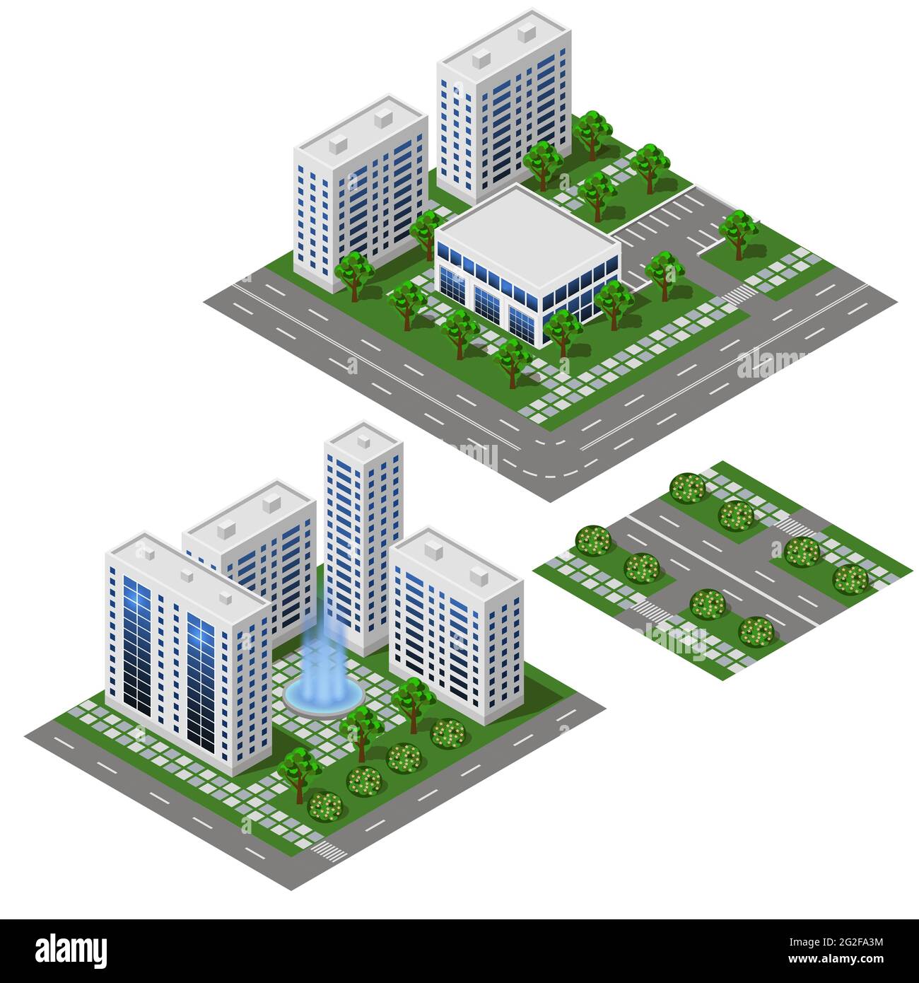 Set isometrico Città moderna. Grandi case ed edifici, strade e piazza con alberi e fontana. Moduli isolati per creare paesaggi urbani. Vettore il Illustrazione Vettoriale