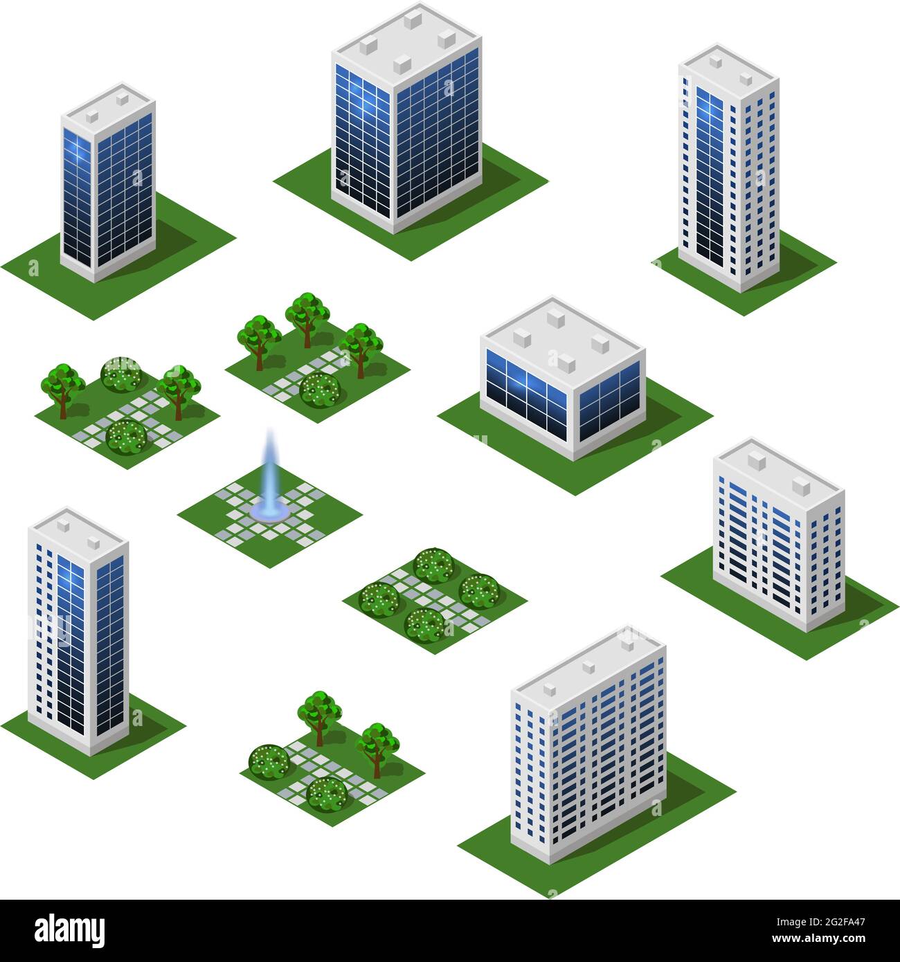 Set città isometrica. Paesaggio urbano elementi 3d per progettare il paesaggio urbano. Grandi edifici moderni, strada, alberi, giardino cittadino. Moduli isolati. Illusione vettoriale Illustrazione Vettoriale