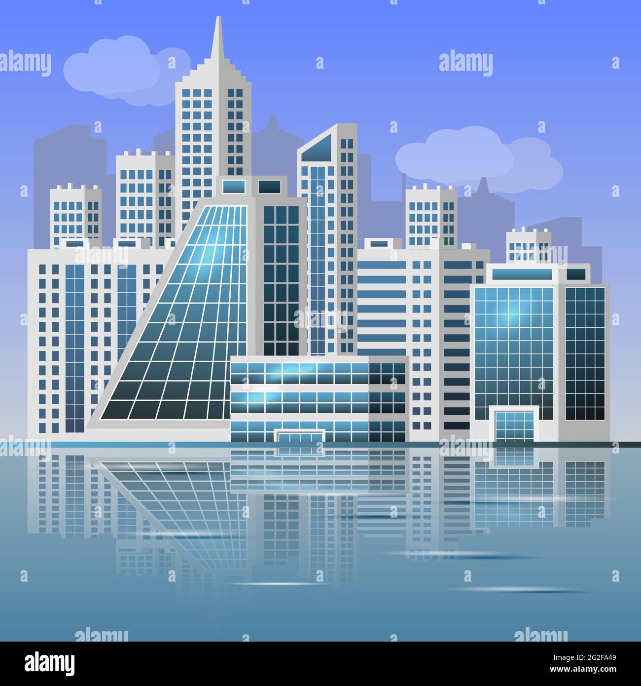 Paesaggio urbano di fondo. Moderno centro cittadino sul lungofiume. Edifici per uffici aziendali, case. Concetto di skyline cittadino. Stile piatto, vettore Illustrazione Vettoriale
