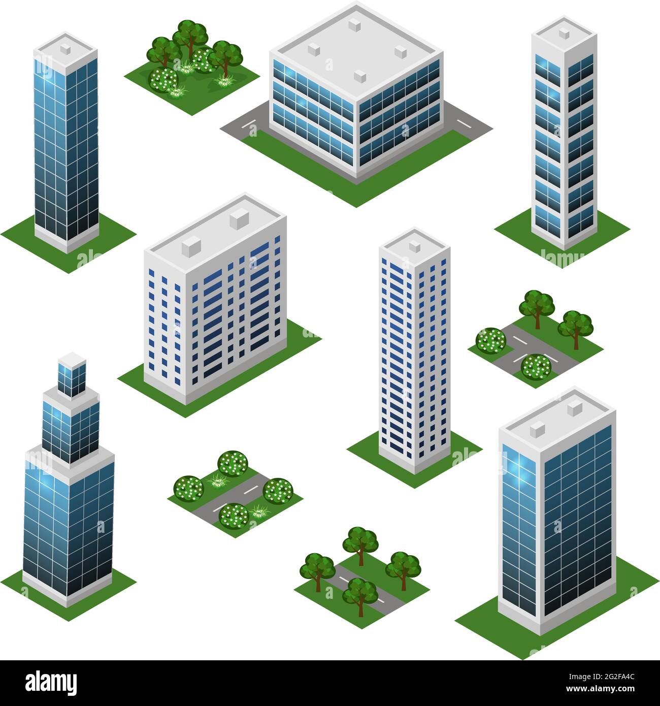 Set città isometrica. Paesaggio urbano elementi 3d per progettare il paesaggio urbano. Grandi edifici moderni, strada, alberi, giardino cittadino. Moduli isolati. Illusione vettoriale Illustrazione Vettoriale