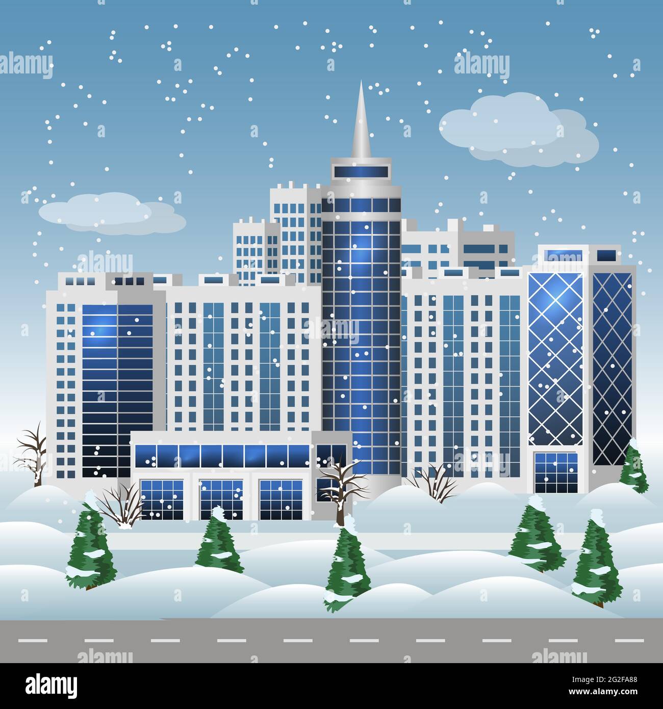 Paesaggio urbano invernale. Centro commerciale, uffici, grandi case e grattacieli. Natale, neve, strada. Moderno paesaggio urbano sfondo in fl Illustrazione Vettoriale