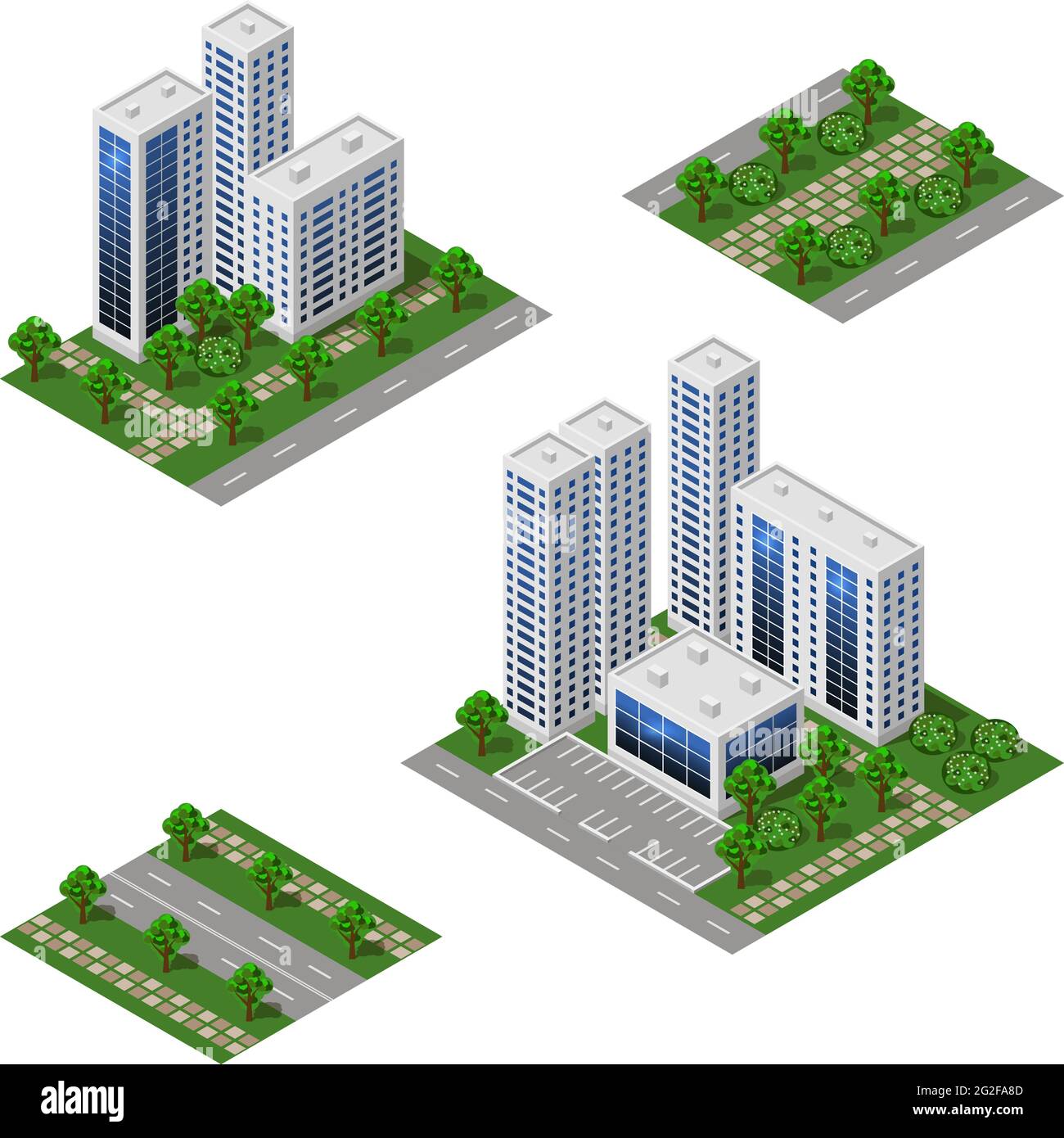 Set città isometrica. Paesaggio urbano elementi 3d per progettare il paesaggio urbano. Grandi edifici moderni, strada, alberi, giardino cittadino. Moduli isolati. Illusione vettoriale Illustrazione Vettoriale