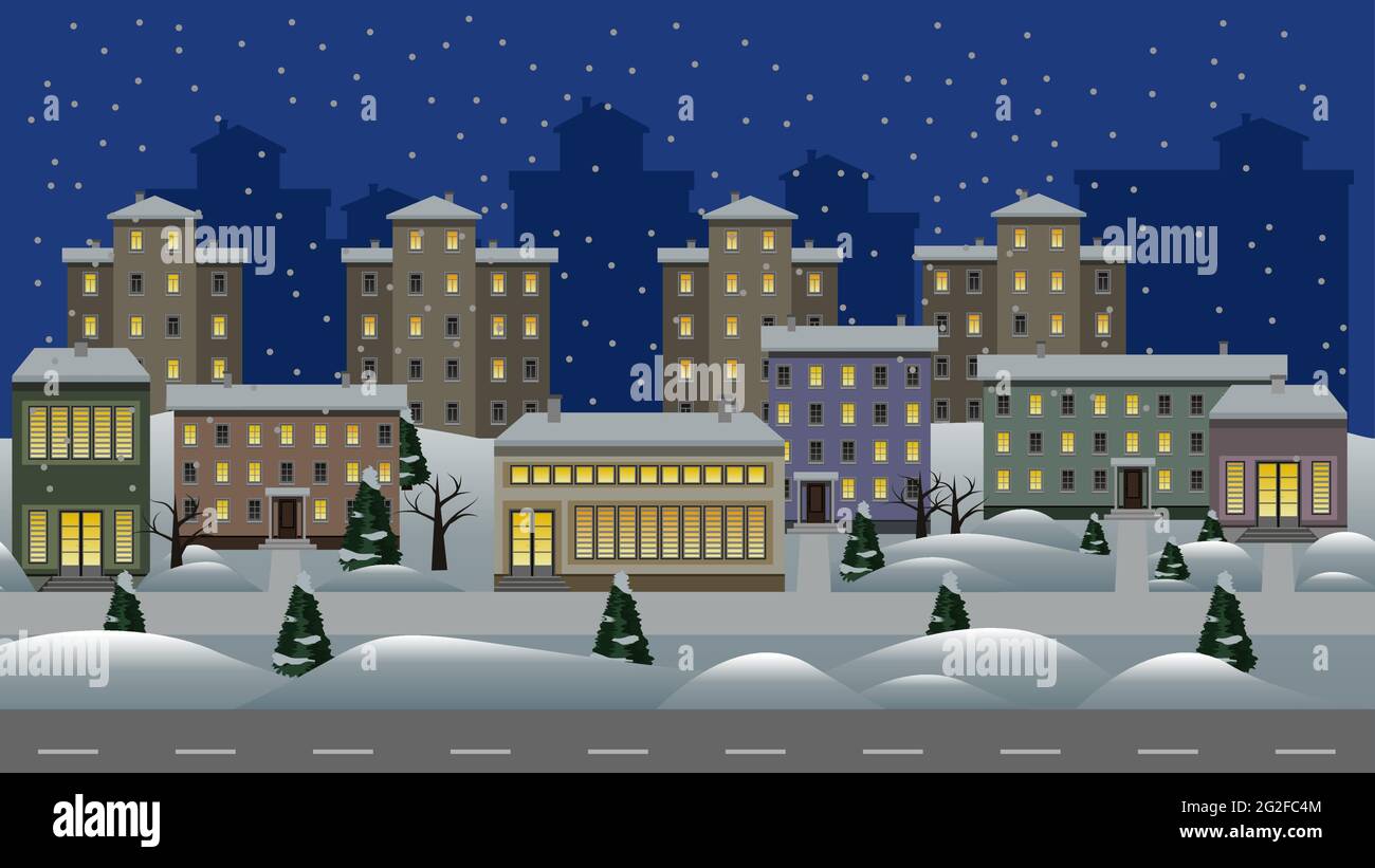 Inverno notte città vettore cartoon sfondo. Moderno paesaggio cittadino con case residenziali e negozi, neve e alberi. Natale o Nuova Y Illustrazione Vettoriale