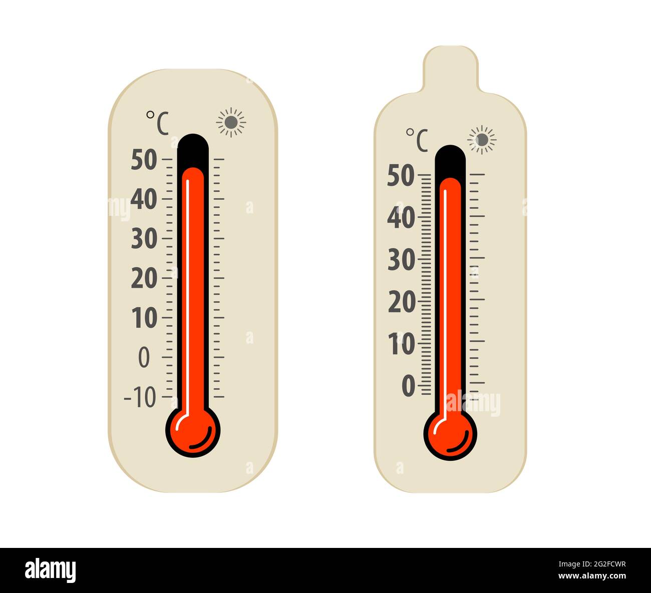 Termometro termico isolato su bianco. Illustrazione vettoriale dei simboli delle condizioni climatiche calde Illustrazione Vettoriale
