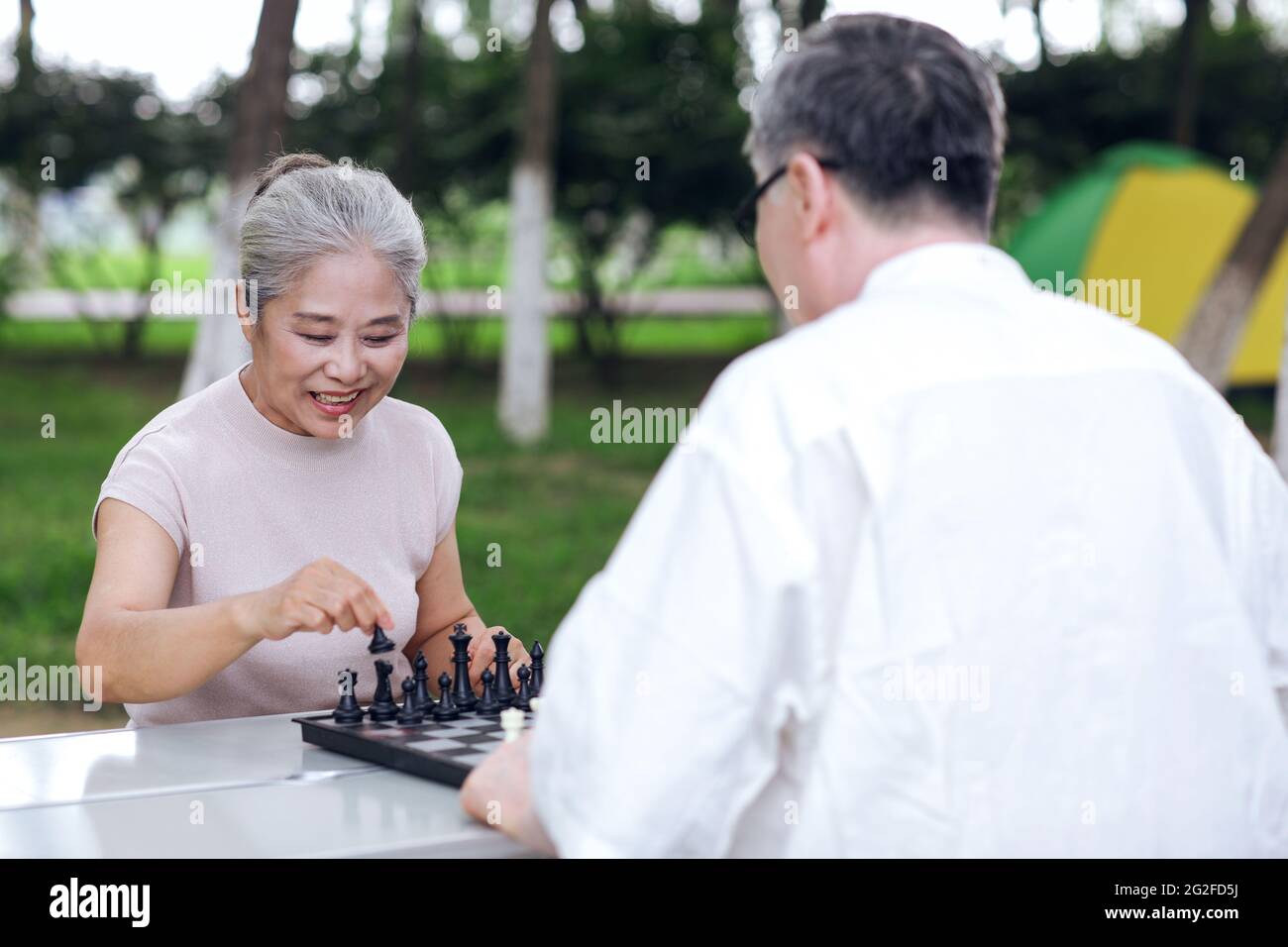 Felice vecchia coppia che gioca a scacchi nel parco foto di alta qualità Foto Stock