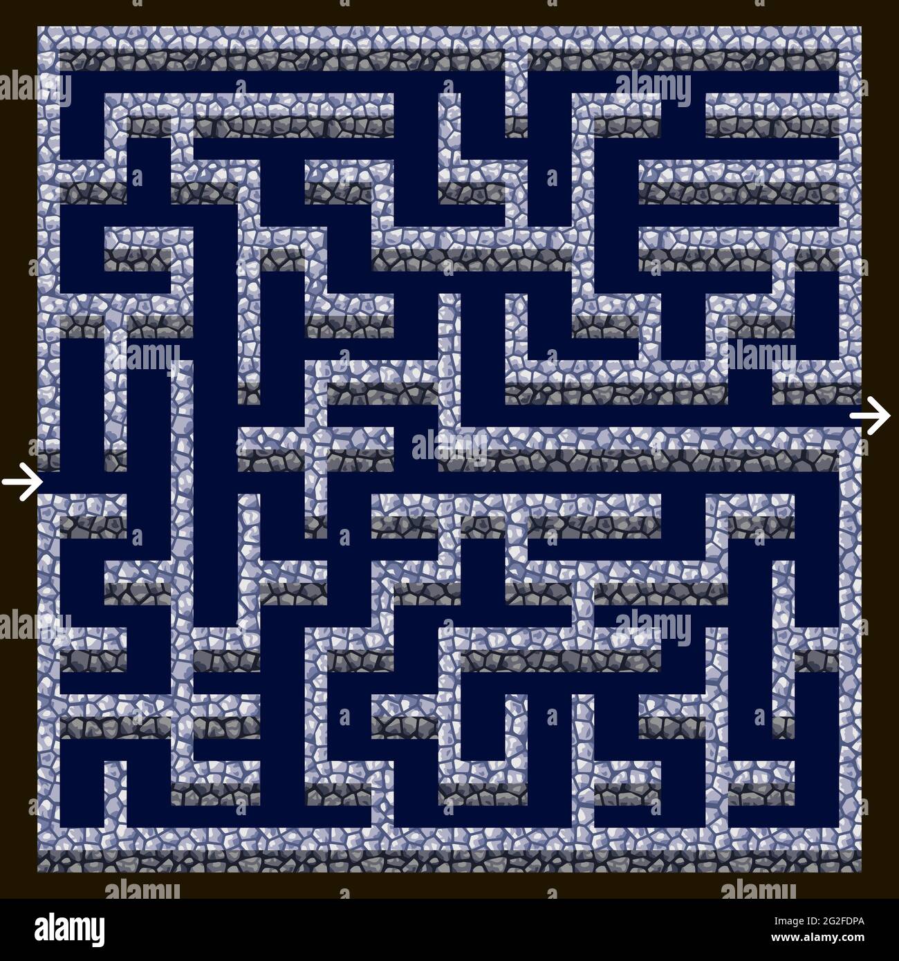 Elemento di progettazione di giochi labirintici. Labirinto con pareti in pietra in prigione, vista dall'alto. Per i bambini puzzle risorsa di gioco, livello facile, forma rettangolare. Vettore Illustrazione Vettoriale