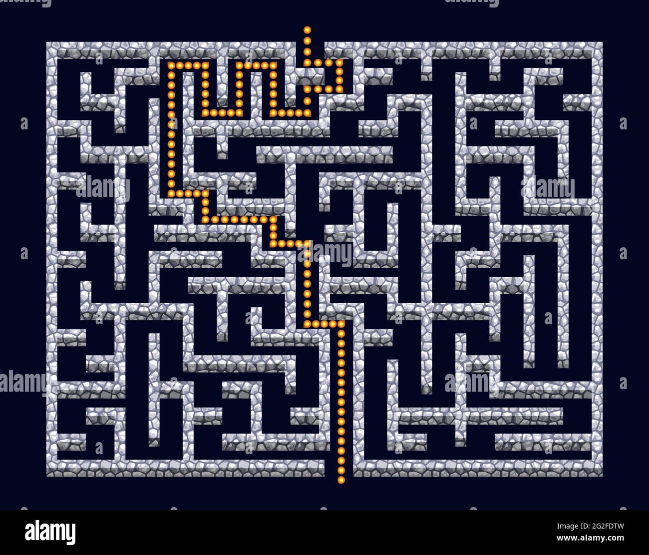 Labirinto 3D, labirinto con pareti in pietra e soluzione. Design a livello di gioco puzzle, vista dall'alto verso il basso. Illustrazione vettoriale Illustrazione Vettoriale
