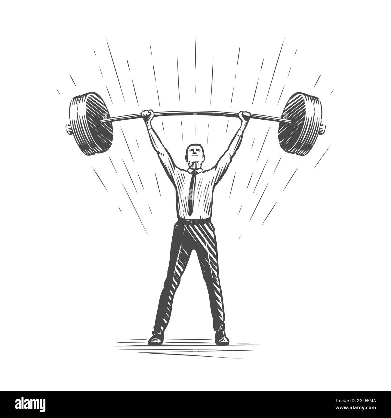 Uomo d'affari solleva il pesante barbell. Concetto di successo aziendale. Illustrazione vettoriale dello schizzo Illustrazione Vettoriale