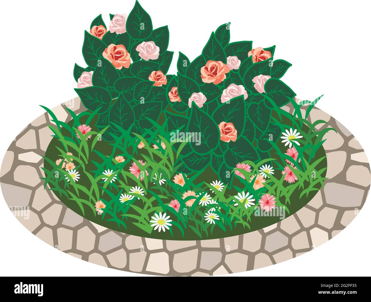 Fiori da giardino asset. Cespugli e fiori in erba da utilizzare nella scena giardino. Illustrazione vettoriale Illustrazione Vettoriale