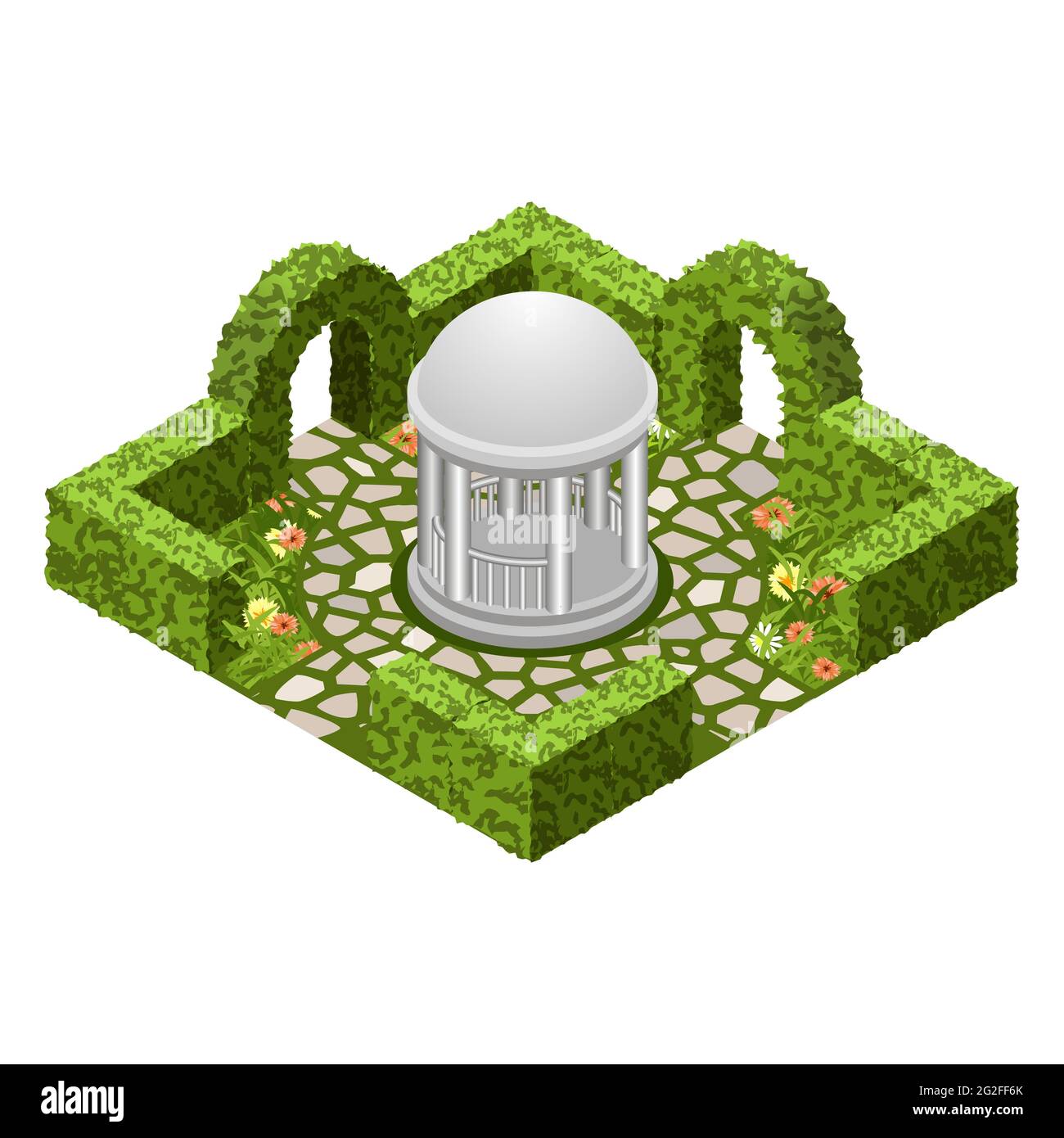Paesaggio giardino isometrico. Cespugli di giardino topiario, fiori e erba, passeggiate lastricate, rotunda. Per progettare il giardino in stile classico per cartoon o ga Illustrazione Vettoriale