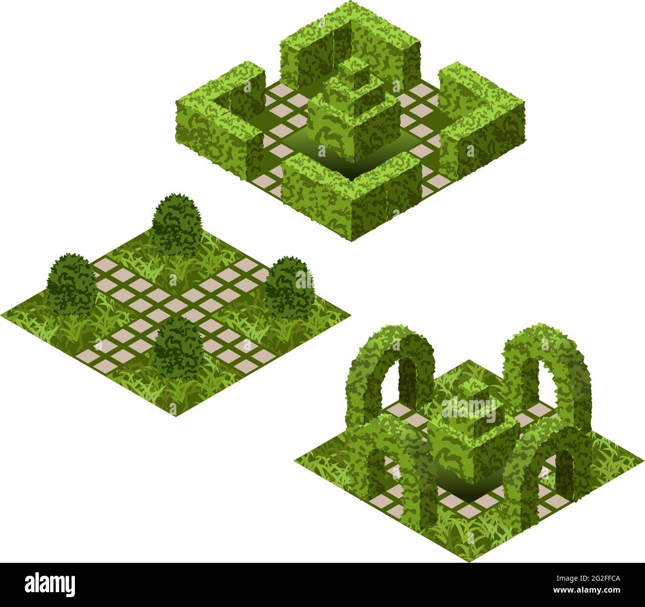 Set di piastrelle isometriche da giardino. Asset con vari cespugli e erba per creare scene di giardino topiario. Illustrazione vettoriale, può essere utilizzato in giochi, paesaggi Illustrazione Vettoriale