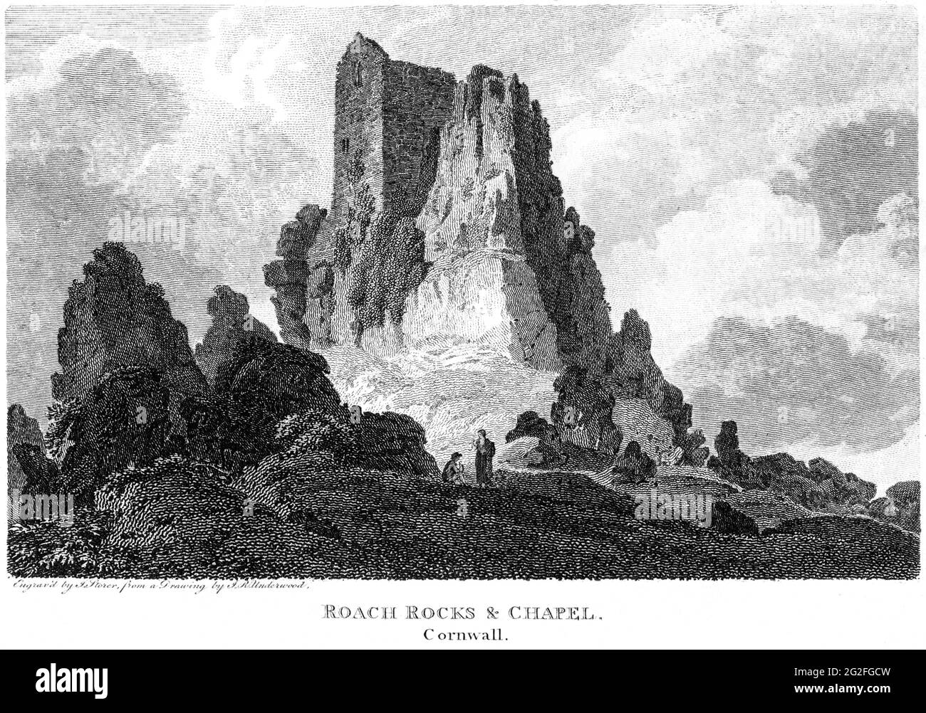 Incisione di Roach Rocks & Chapel (Roche Rock & Hermitage), Cornovaglia scansionato ad alta risoluzione da un libro stampato nel 1812. Creduto esente da copyright. Foto Stock