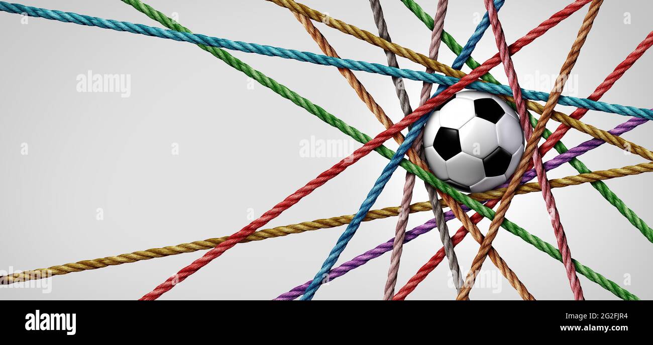 L'unità globale del calcio come una sfera europea di calcio all'interno di corde diverse connesse che rappresentano la diversità sportiva e la cooperazione o la squadra di lavoro di squadra di sport. Foto Stock