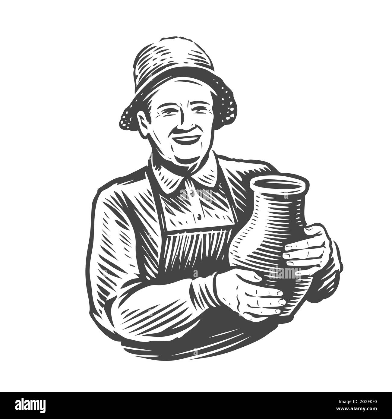 Donna con caraffa di latte. Illustrazione vettoriale vintage dello schizzo di un caseificio Illustrazione Vettoriale