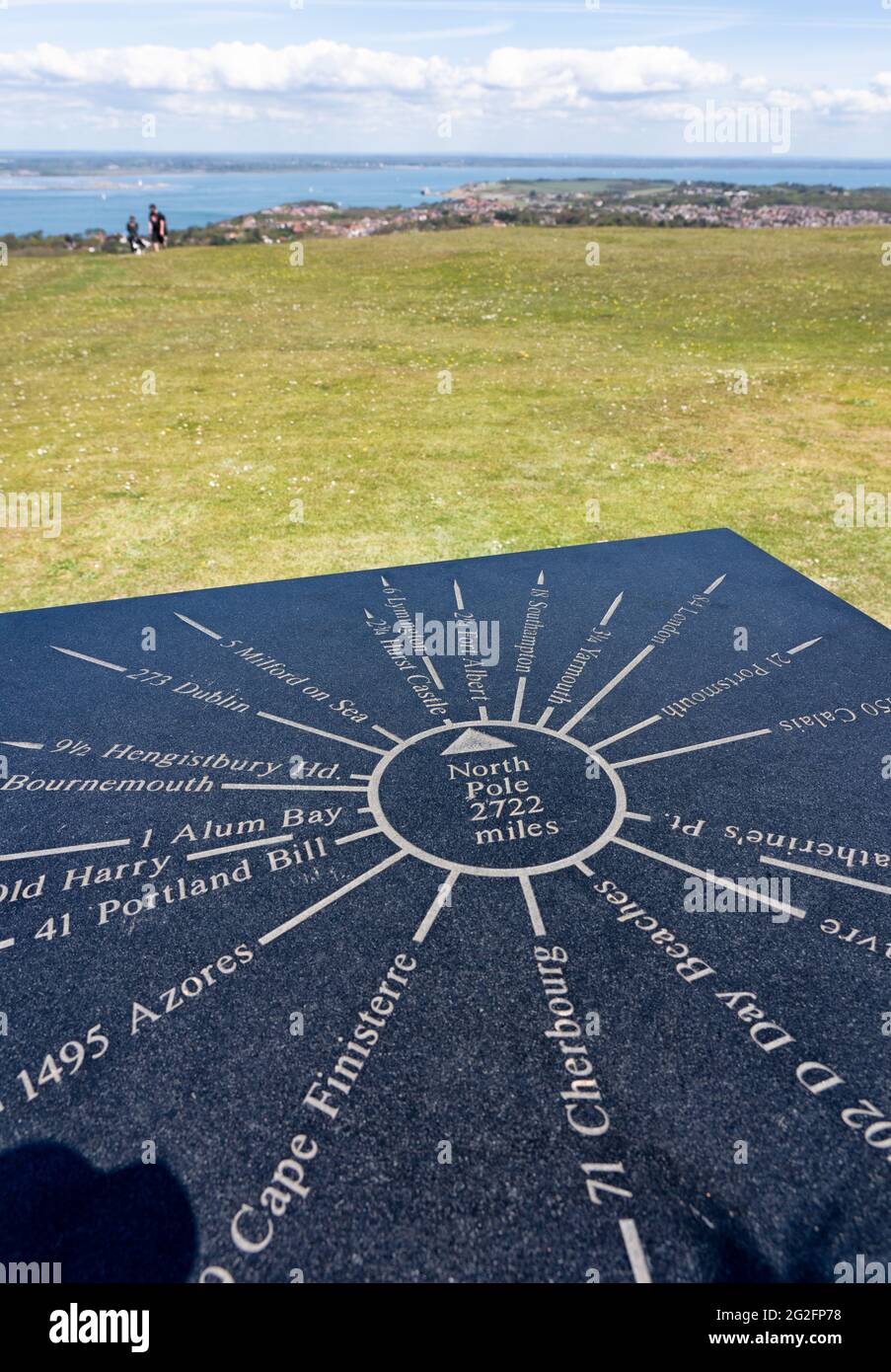 Toposcopio di marmo o topografo a Tennyson giù sull'Isola di Wight Hampshire che mostra le distanze ai punti di riferimento locali e luoghi più remoti Foto Stock