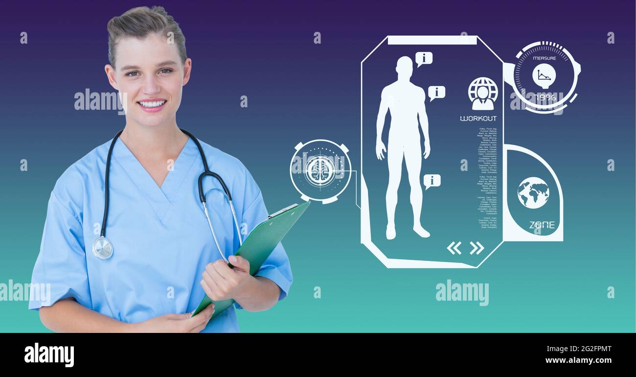 Composizione di sorridente dottore con trattamento dei dati medici Foto Stock