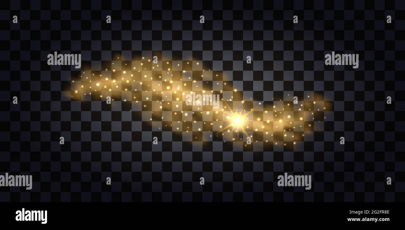 Fumo d'oro astratto. Onda di glitter dorata con particelle lucide e flash chiaro. Isolato su sfondo trasparente. Illustrazione vettoriale Illustrazione Vettoriale