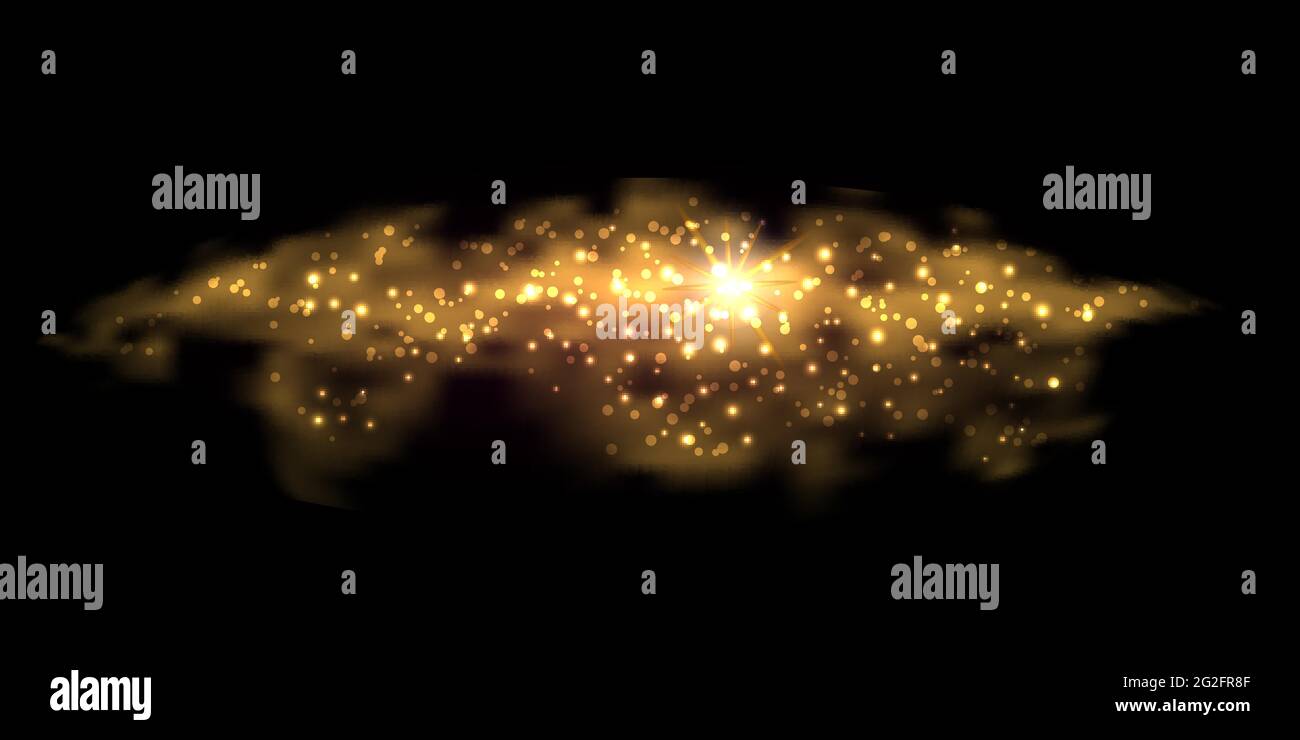 Nuvola d'oro astratta con effetto brillante e brillantante. Fumo dorato con particelle lucide chiare, polvere stella e flash su sfondo nero. Illustratore vettore Illustrazione Vettoriale