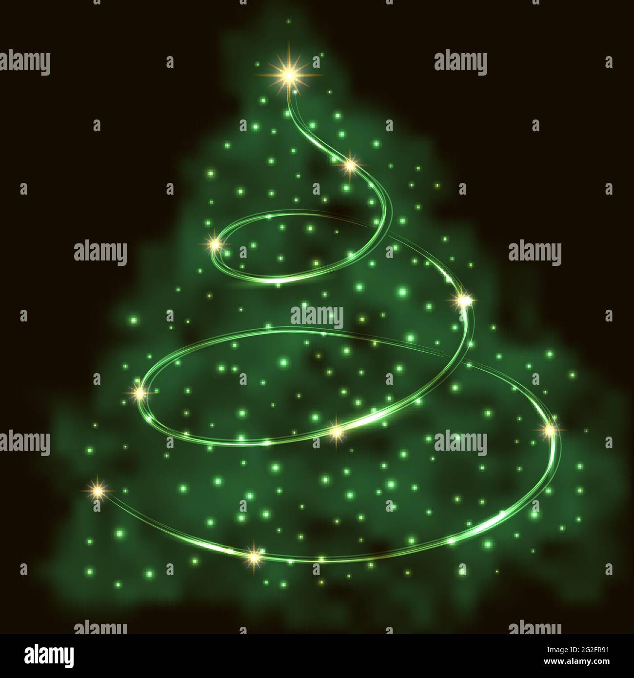 Albero di Natale con stelle dorate incandescenti, scintille lucenti e ghirlanda effetto neon. Illustrazione vettoriale del disegno di decorazione di notte di nuovo anno. Illustrazione Vettoriale