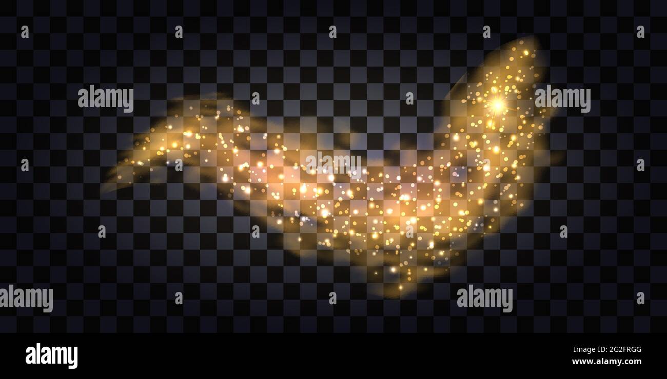 Fumo d'oro astratto. Onda di glitter dorata con particelle lucide e flash chiaro. Isolato su sfondo trasparente. Illustrazione vettoriale Illustrazione Vettoriale