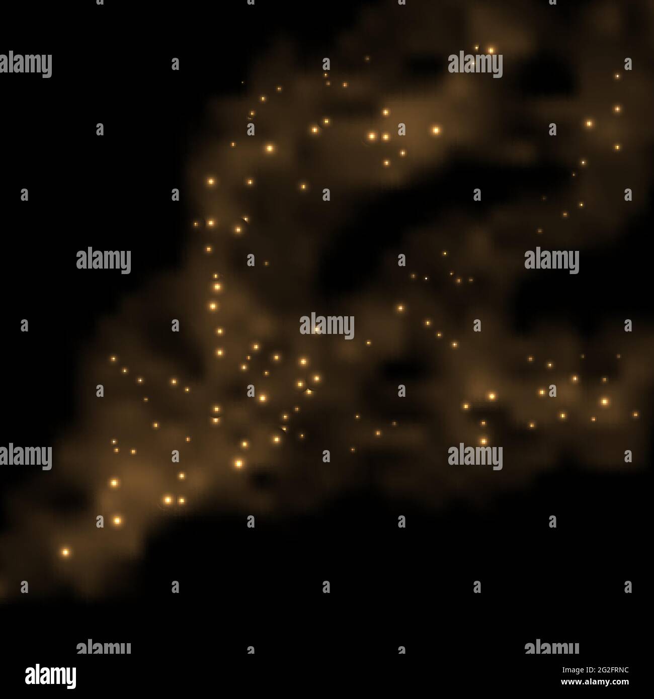 Fumo dorato con effetto brillantante. Sfondo astratto con particelle luminose, stelle, nebbia frattale. Gol su nero. Illustrazione vettoriale Illustrazione Vettoriale