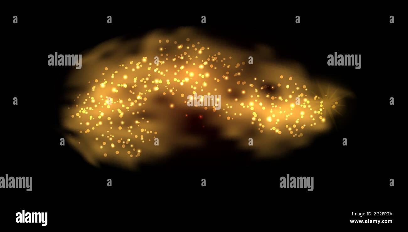 Nuvola d'oro astratta con effetto brillante e brillantante. Fumo dorato con particelle lucide chiare, polvere stella e flash su sfondo nero. Illustratore vettore Illustrazione Vettoriale