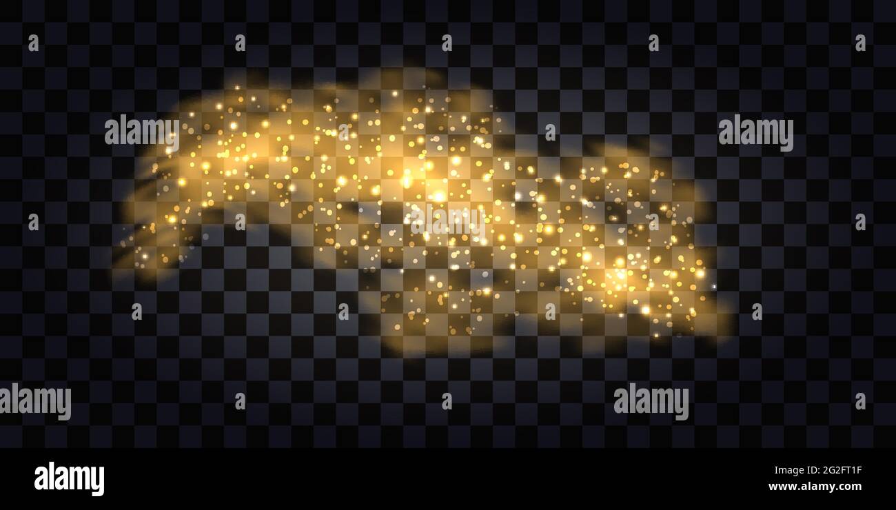 Fumo d'oro astratto. Onda di glitter dorata con particelle lucide e flash chiaro. Isolato su sfondo trasparente. Illustrazione vettoriale Illustrazione Vettoriale