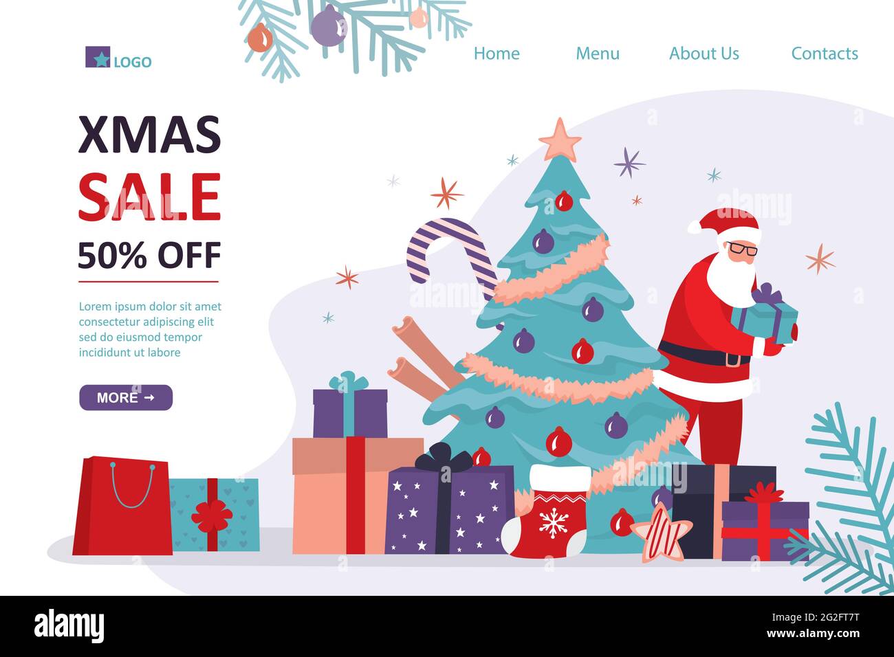 Offerta natalizia, 50% di sconto, modello di landing page. Sconti invernali. Divertente Babbo Natale con regali. Albero di natale tradizionale e vari regali. Anno nuovo c Illustrazione Vettoriale