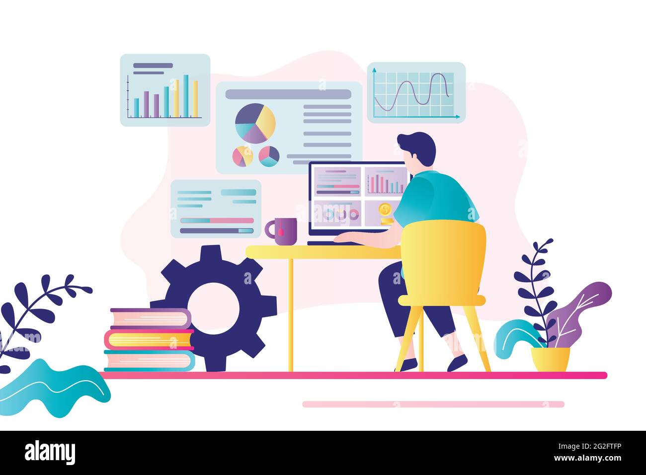 Analista maschile lavora al computer. Analisi dei dati, elaborazione delle informazioni, grafica. Ambiente di lavoro moderno. Vari grafici, diagrammi e segni. Tecnologia online Illustrazione Vettoriale