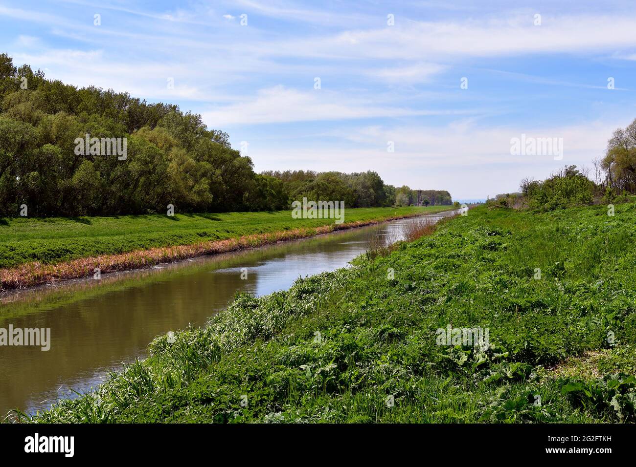 Il canale di Eesser, al confine austro-ungarico, regola le paludi di Hansag e il lago di Neusiedl Foto Stock
