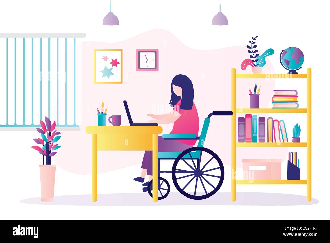 Donna handicappata che studia sul posto di lavoro. Il carattere femminile si trova in sedia a rotelle. Persone invalidità. Concetto di adattamento sociale e homeschooling. Camera Illustrazione Vettoriale
