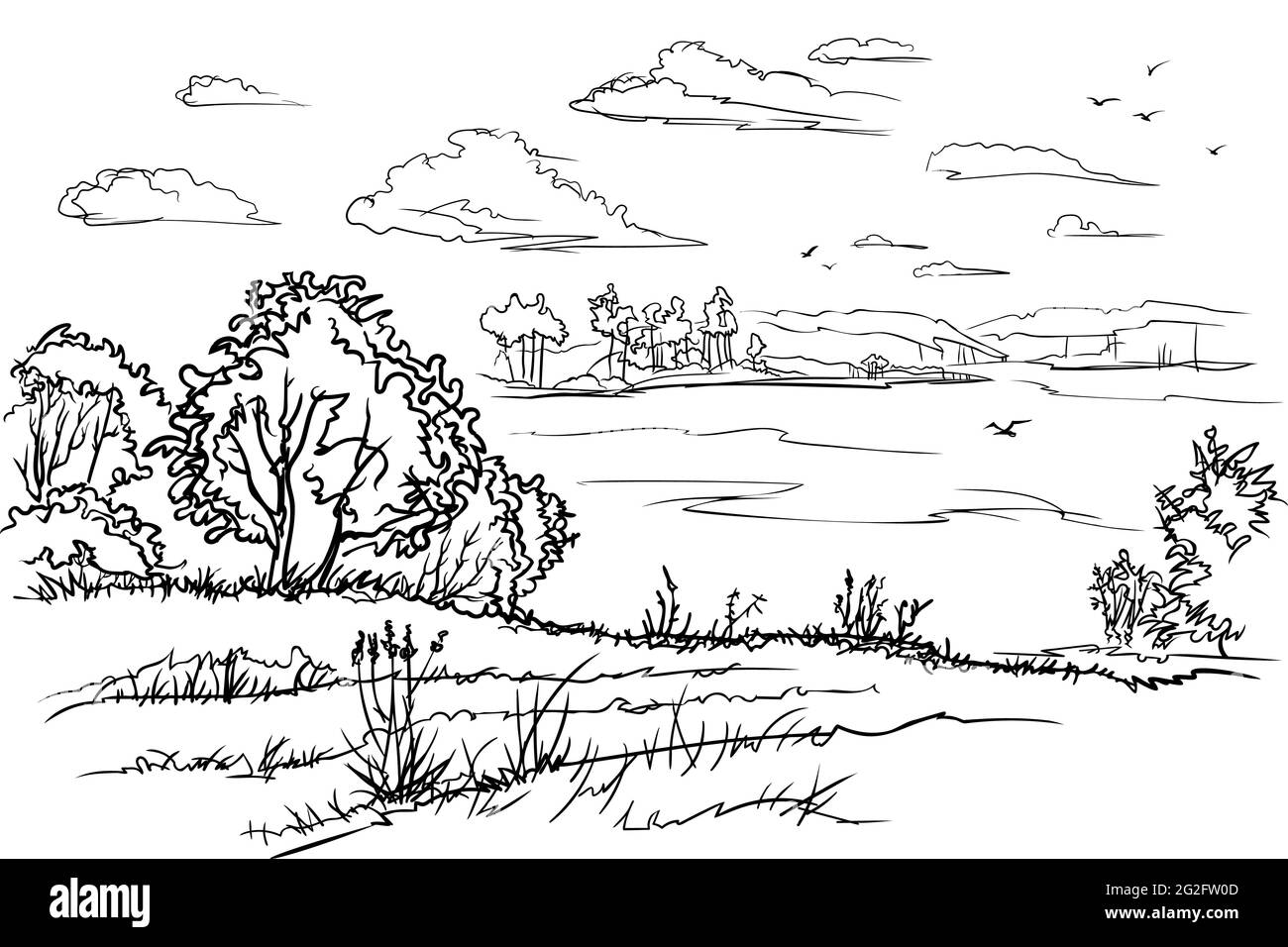 Cespugli costieri sullo sfondo del lago e del cielo con nubi di cumulo. Schizzo lineare in bianco e nero. Illustrazione Vettoriale