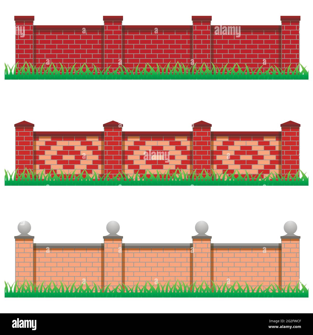 Set di recinzioni in pietra di mattoni. Utilizzare come elementi e dettagli per la creazione di scenografie. Oggetti isolati su sfondo bianco, illustrazione vettoriale. Illustrazione Vettoriale