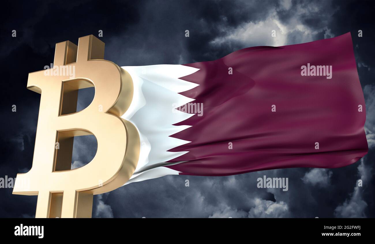 Criptovaluta bitcoin oro con bandiera Qatar sventolante. Rendering 3D Foto Stock